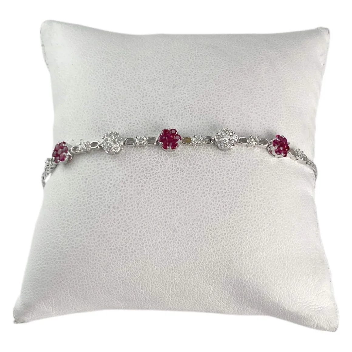 Bracelet d'occasion or 750 blanc maille anglaise diamants rubis 19 cm