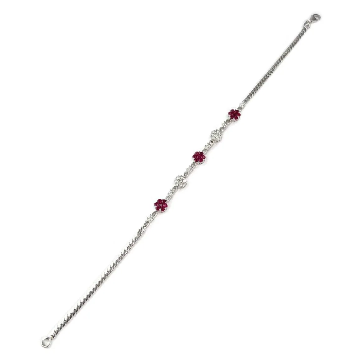 Bracelet d'occasion or 750 blanc maille anglaise diamants rubis 19 cm