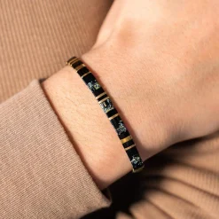 Bracelet élastiques perles japonaises MIYUKI en verre émaillé ton noir gris et doré 17cm