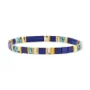 Bracelet élastiques perles japonaises MIYUKI en verre émaillé ton bleu blanc et doré 17cm