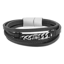 Bracelet multirang matière synthétique noire acier 21,5 cm