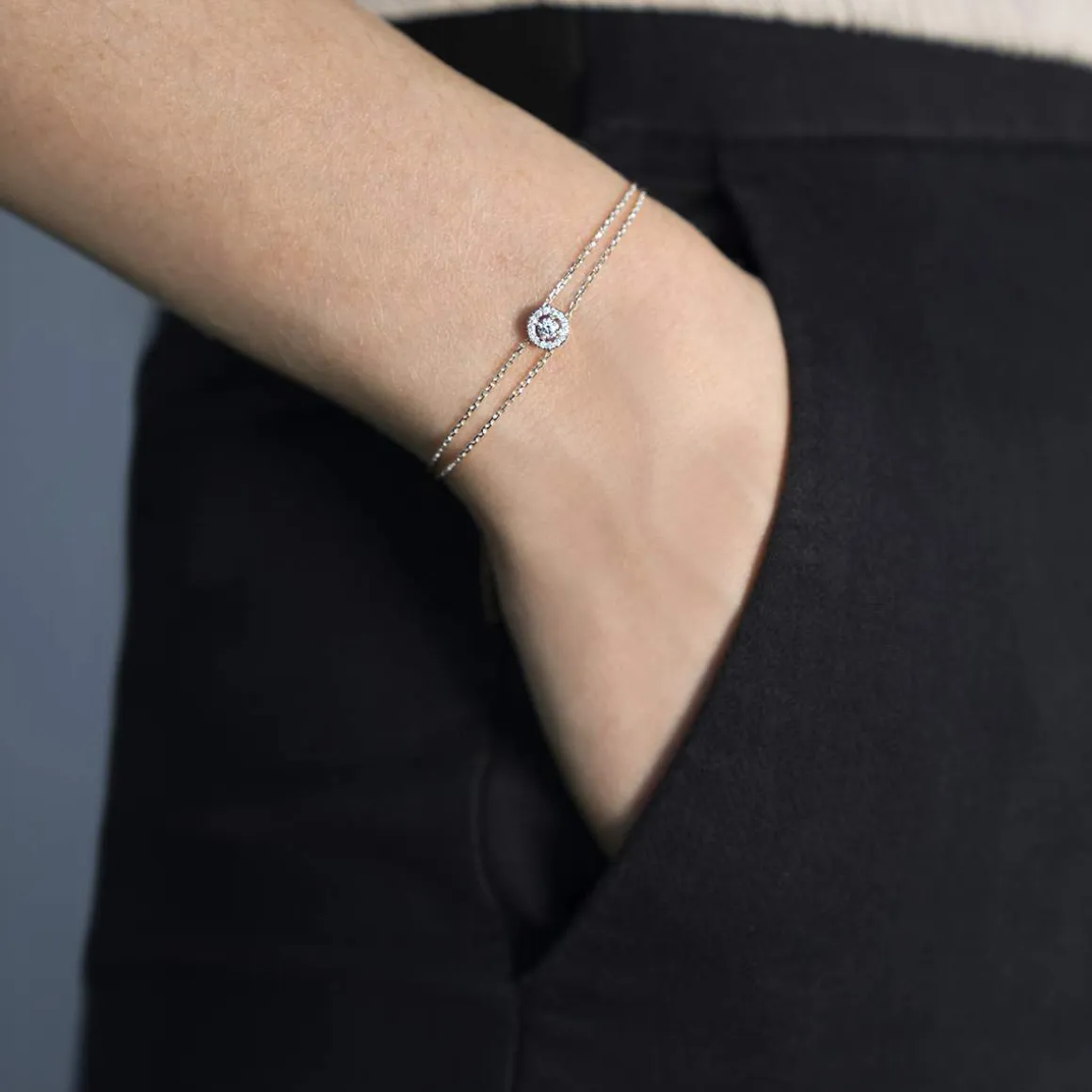 Bracelet or 750 blanc entourage diamant DSI2 18cm