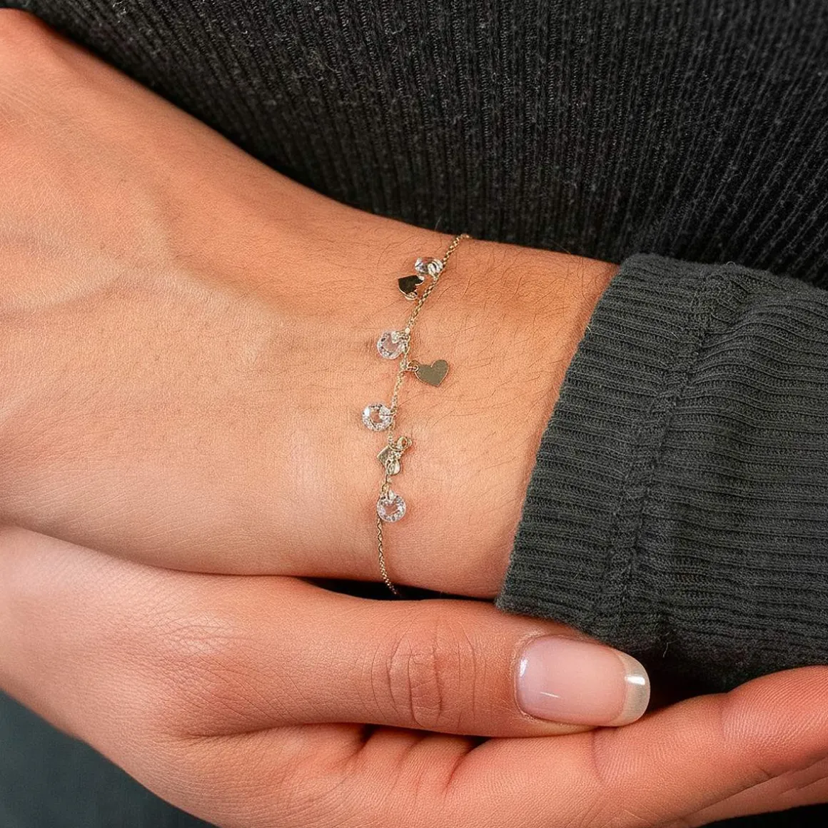 Bracelet or 375 jaune pampilles coeurs et zirconias 20.5cm