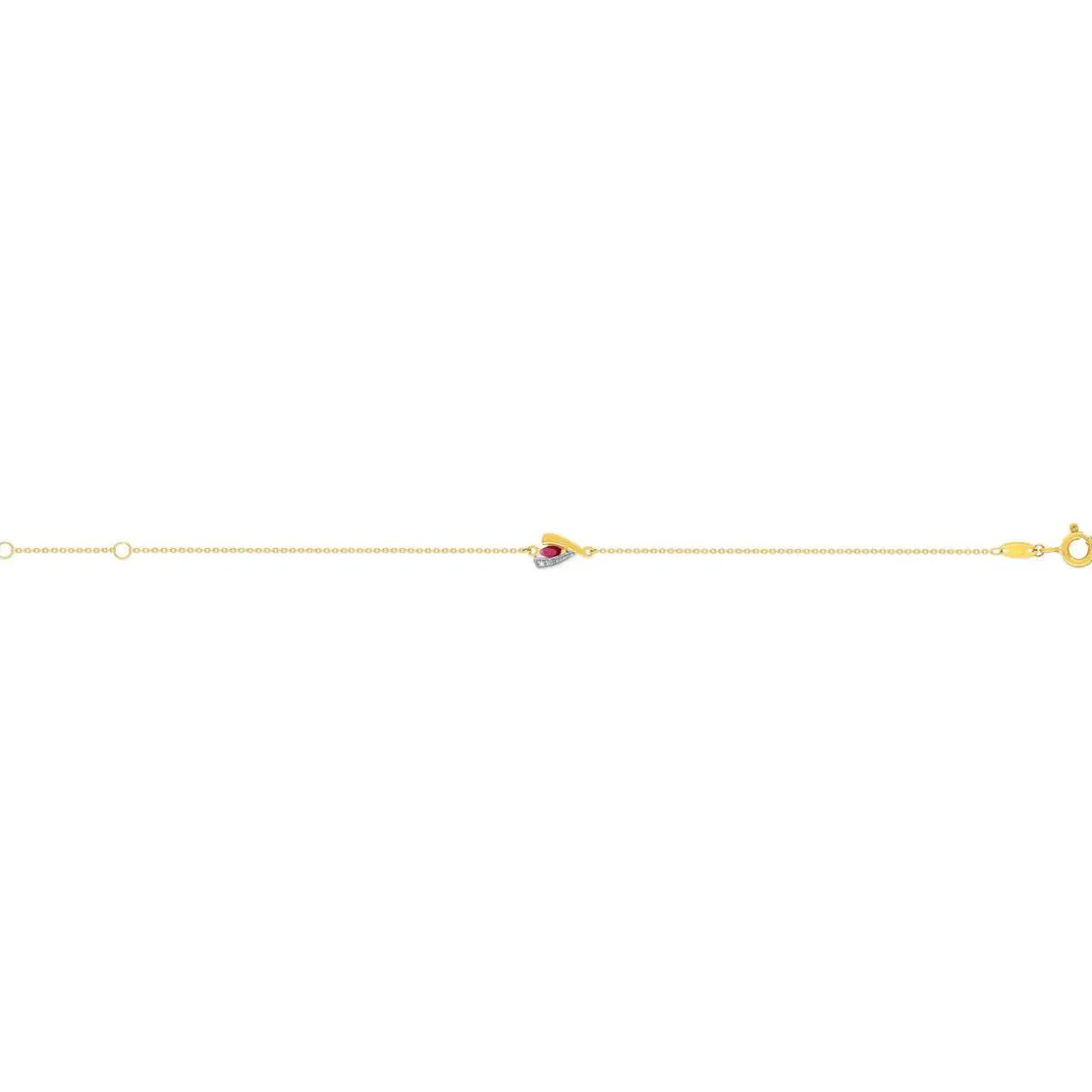 Bracelet or 375 jaune 2 tons rubis et diamant 18cm avec anneau de raccourcissement à 16cm