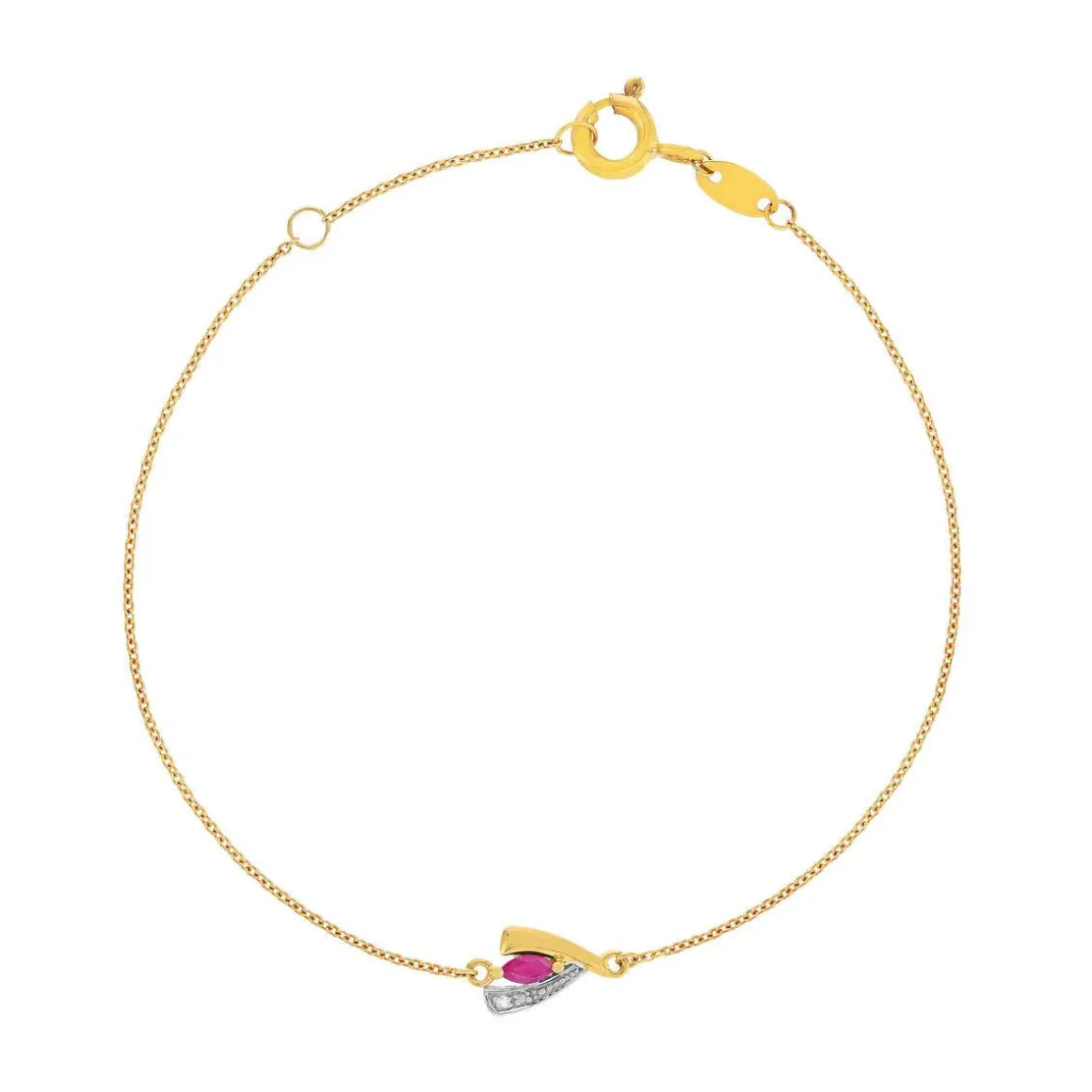 Bracelet or 375 jaune 2 tons rubis et diamant 18cm avec anneau de raccourcissement à 16cm