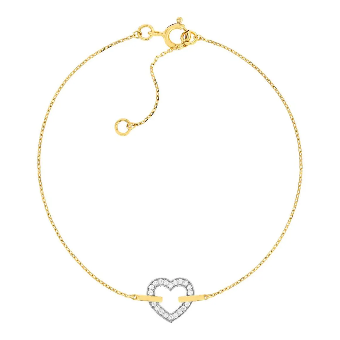Bracelet or 375 2 tons, forme coeur, diamants. Longueur 20,5 cm.