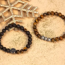 Bracelet perles argentées oeil de tigre 21 cm
