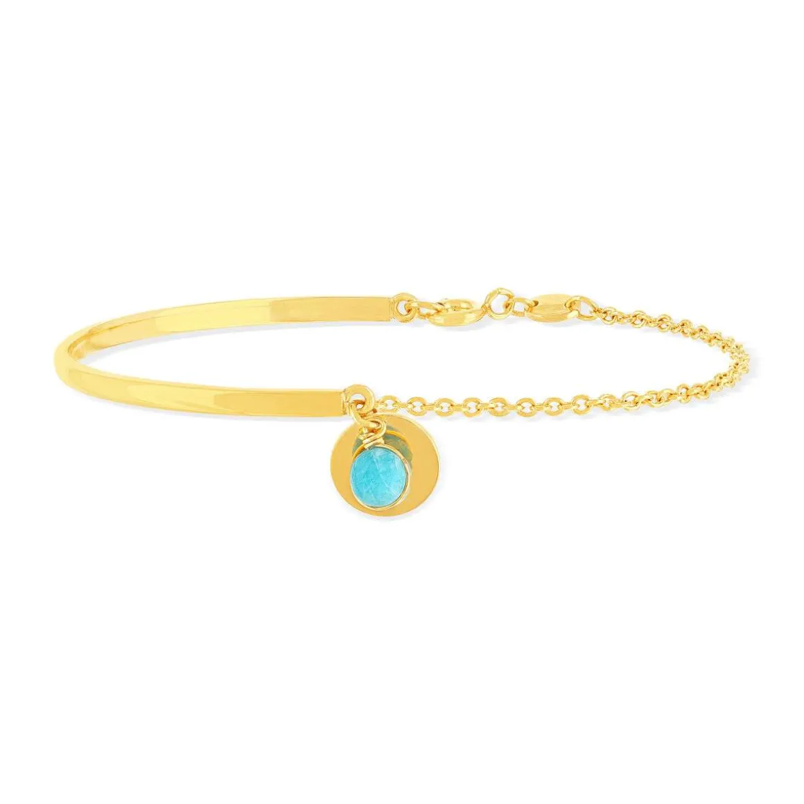 Bracelet plaqué or jaune asymétrique, disque et amazonite en pampille