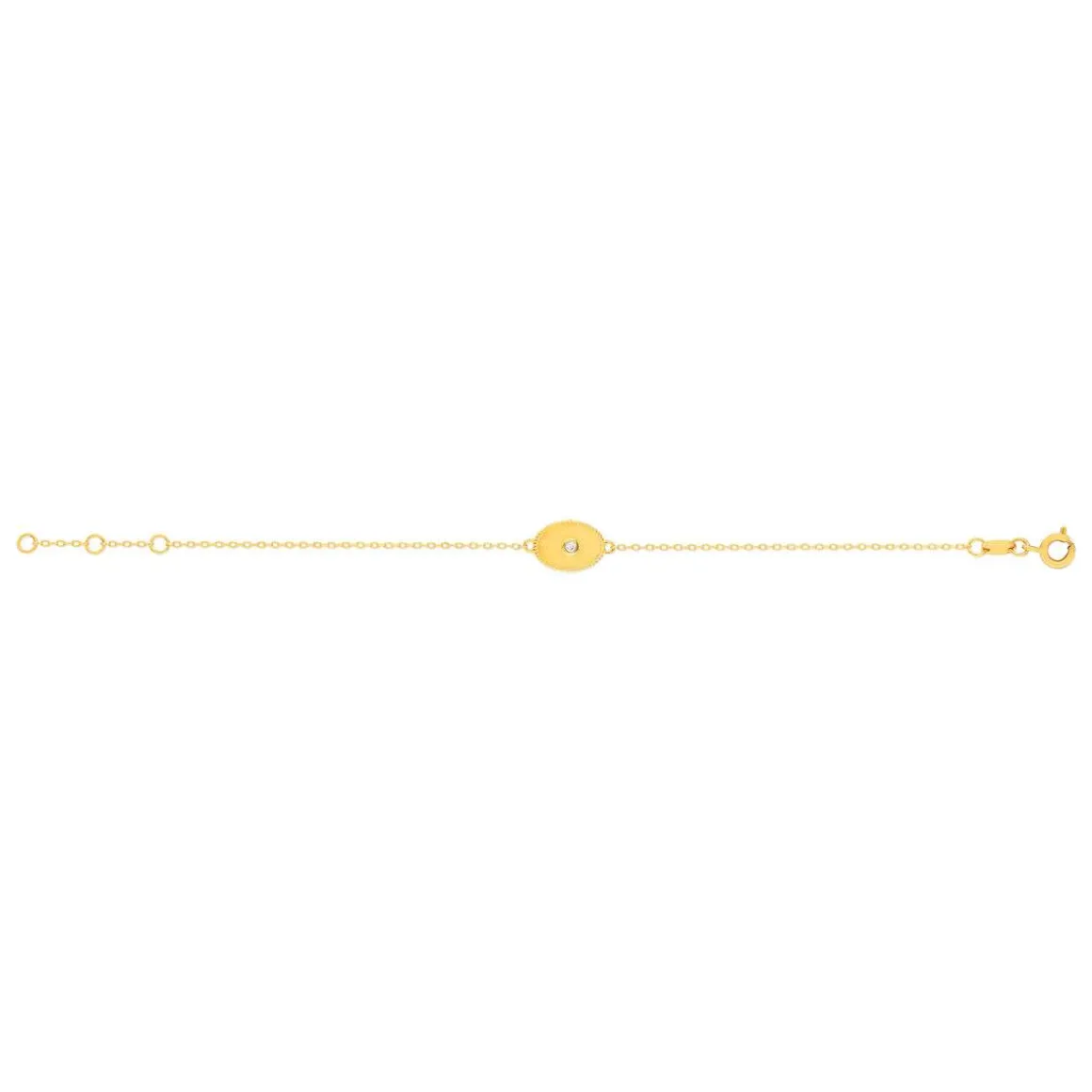Bracelet plaqué or jaune médaille perlée ovale zirconia 18 cm