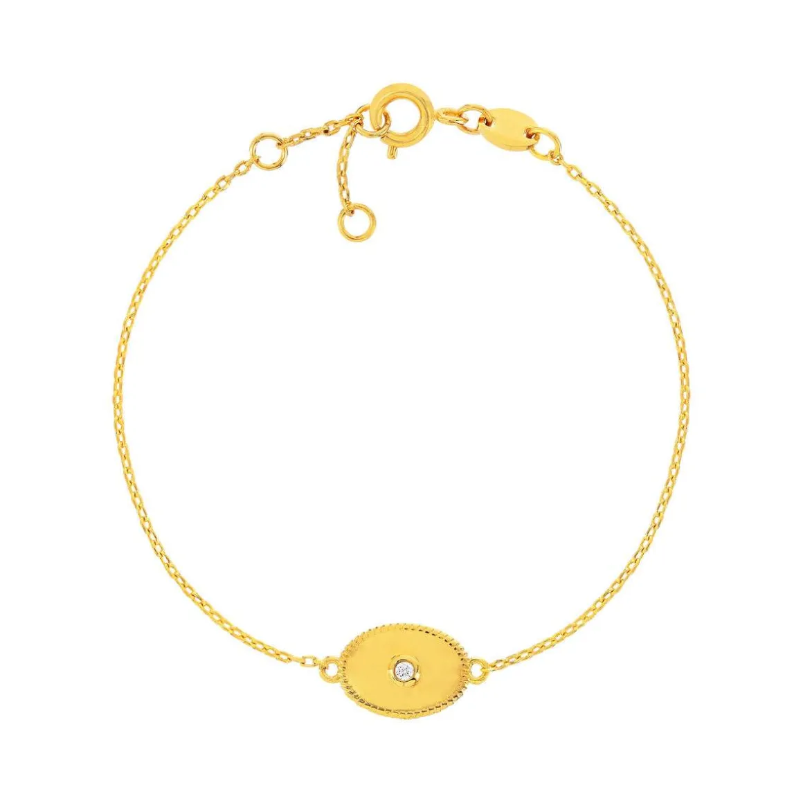 Bracelet plaqué or jaune médaille perlée ovale zirconia 18 cm