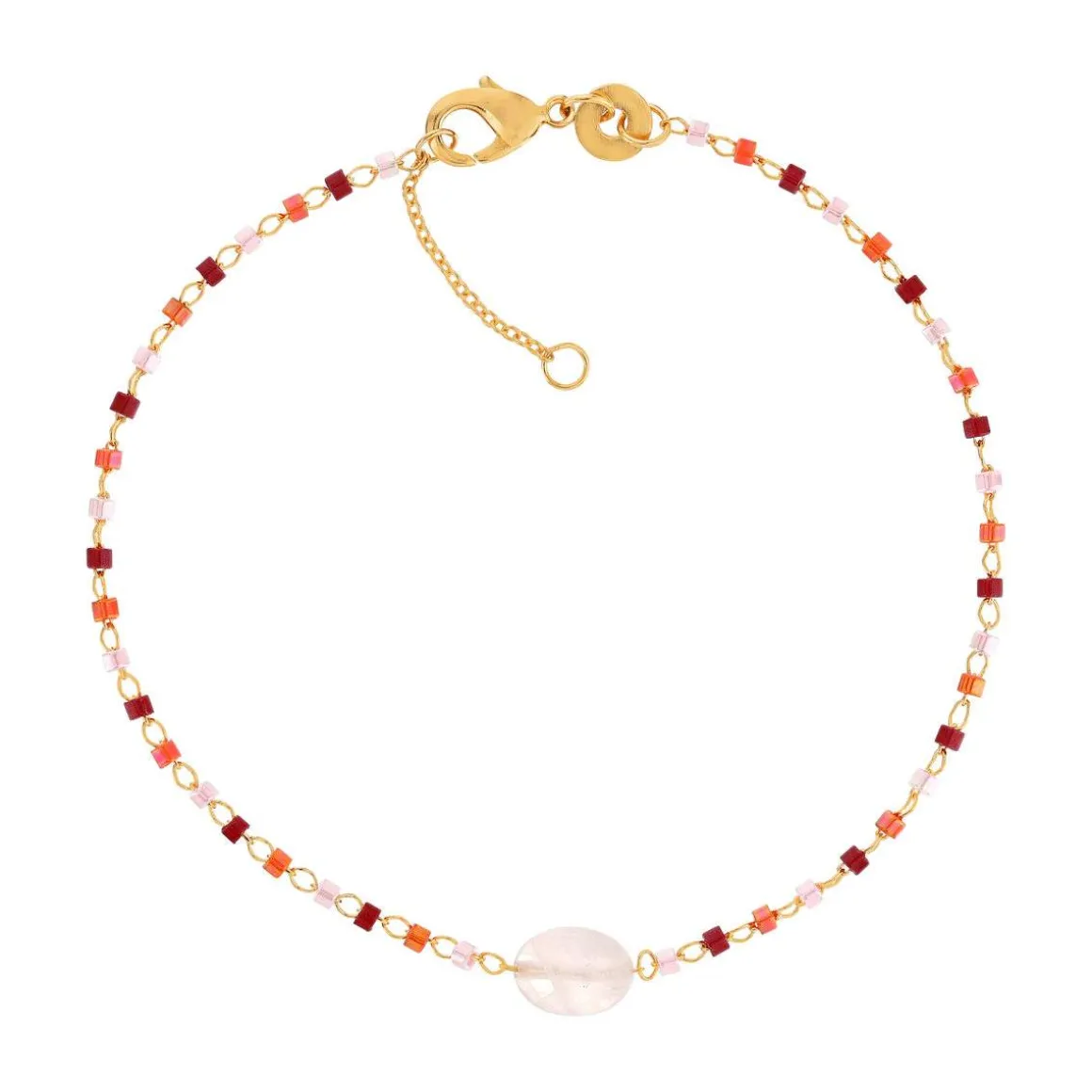 Bracelet plaqué or jaune quartz rose perles rocaille 18 cm