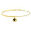 Bracelet plaqué or semi-rigide médaille martelé et pampille onyx TD 19 cm