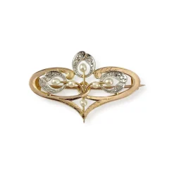Broche d'occasion or 750 jaune et rhodié diamants perles fines