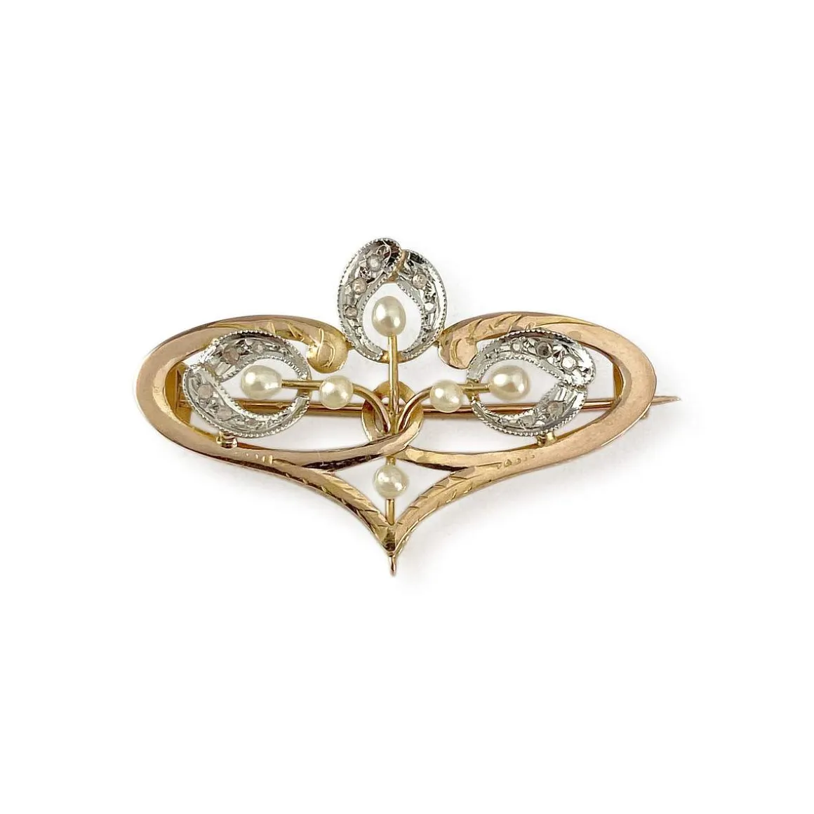 Broche d'occasion or 750 jaune et rhodié diamants perles fines