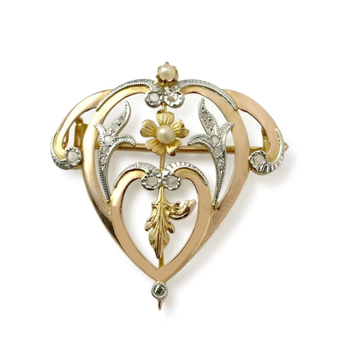 Broche d'occasion or 750 2 tons diamants et perles fines
