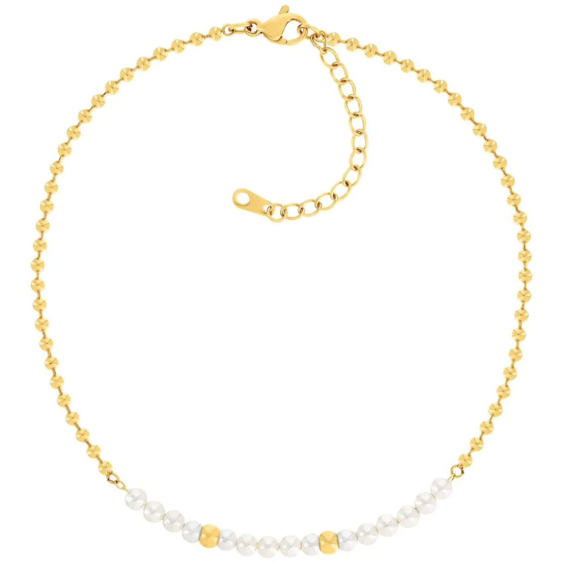Chaine de cheville acier doré 15 perles d'eau douce 26 cm