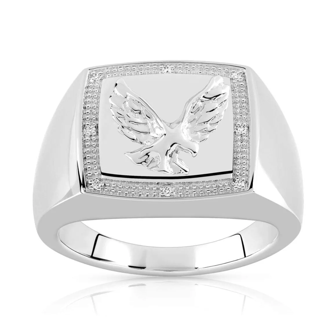 Chevalière argent 925 rectangulaire aigle diamant
