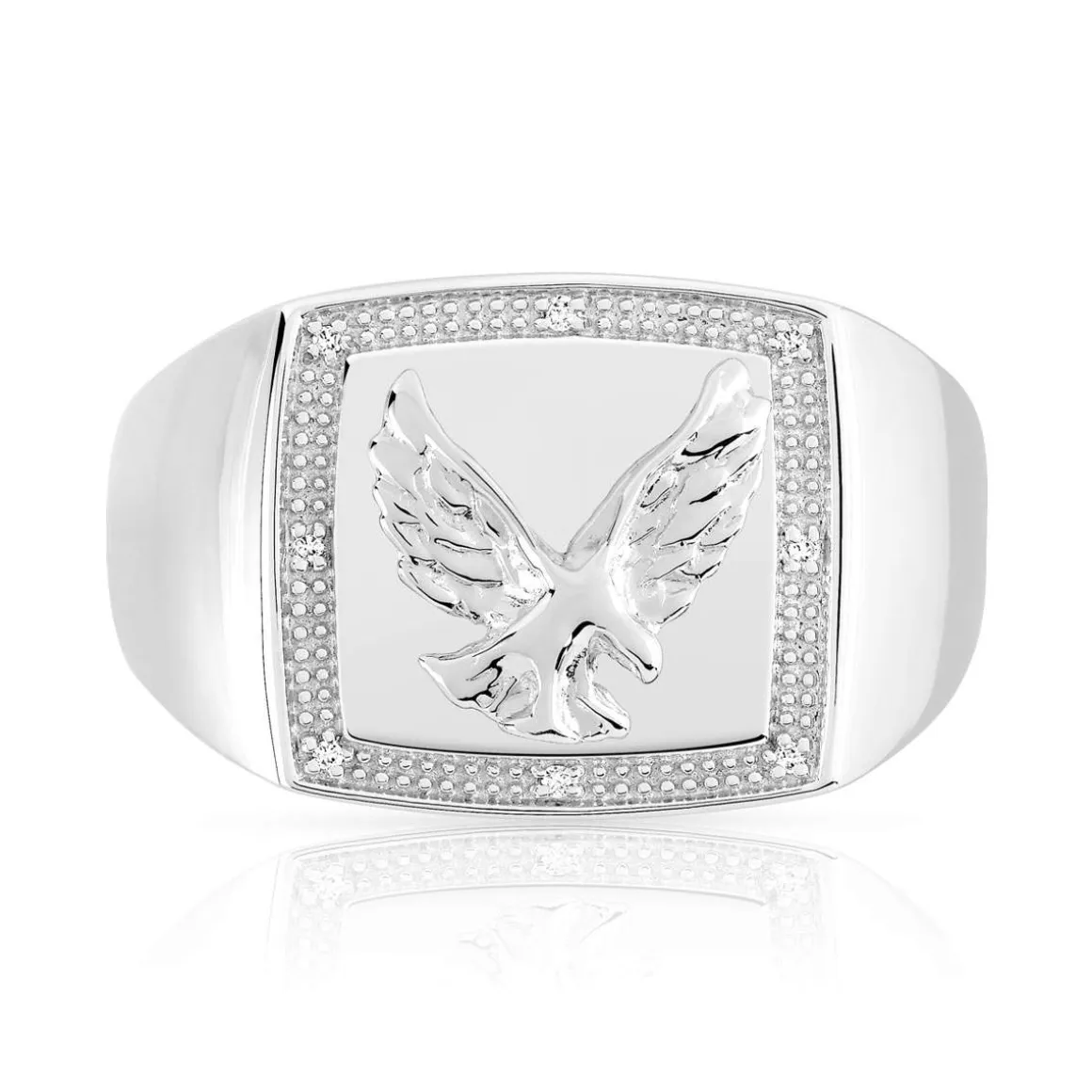 Chevalière argent 925 rectangulaire aigle diamant