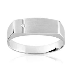 Chevalière or 750 blanc rectangulaire diamant