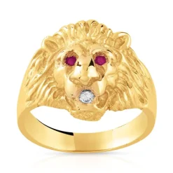 Chevalière or 375 jaune tête de lion rubis et diamant