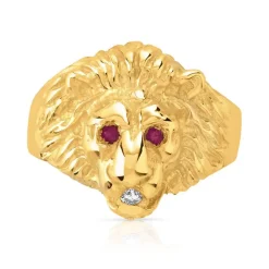 Chevalière or 750 jaune tête de lion rubis et diamant