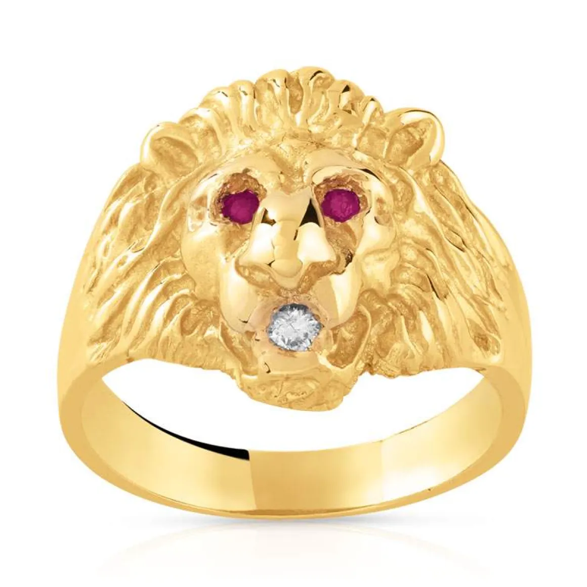 Chevalière or 750 jaune tête de lion rubis et diamant