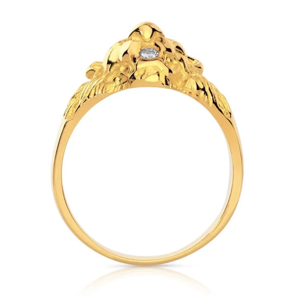 Chevalière or 750 jaune tête de lion rubis et diamant