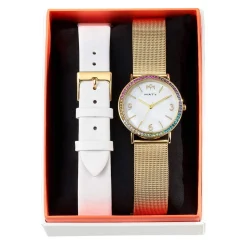 Coffret montre empierrée rainbow et bracelet cuir blanc