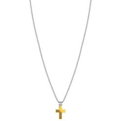 Collier acier bicolore jaune zirconia noir croix 55cm