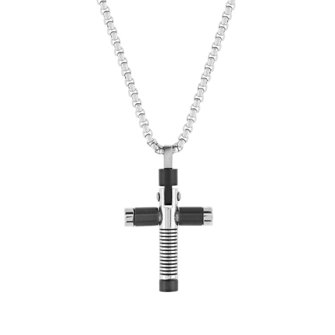 Collier acier bicolore noir croix 55 cm