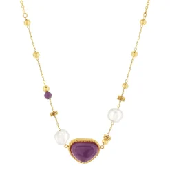 Collier acier doré améthystes et 2 perles de culture de Chine 48 cm