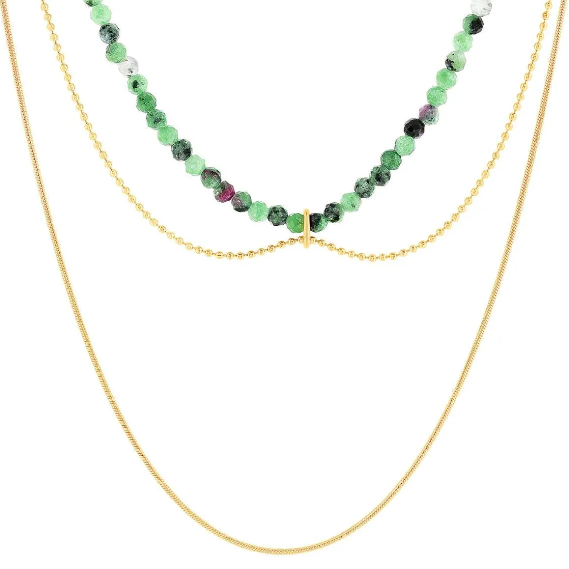 Collier acier doré 3 rangs amazonites vertes 45 cm
