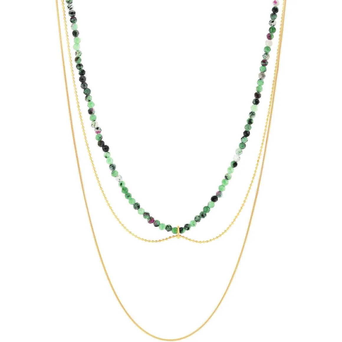 Collier acier doré 3 rangs amazonites vertes 45 cm