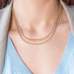 Collier acier doré 2 rangs laque orange 45,5 cm