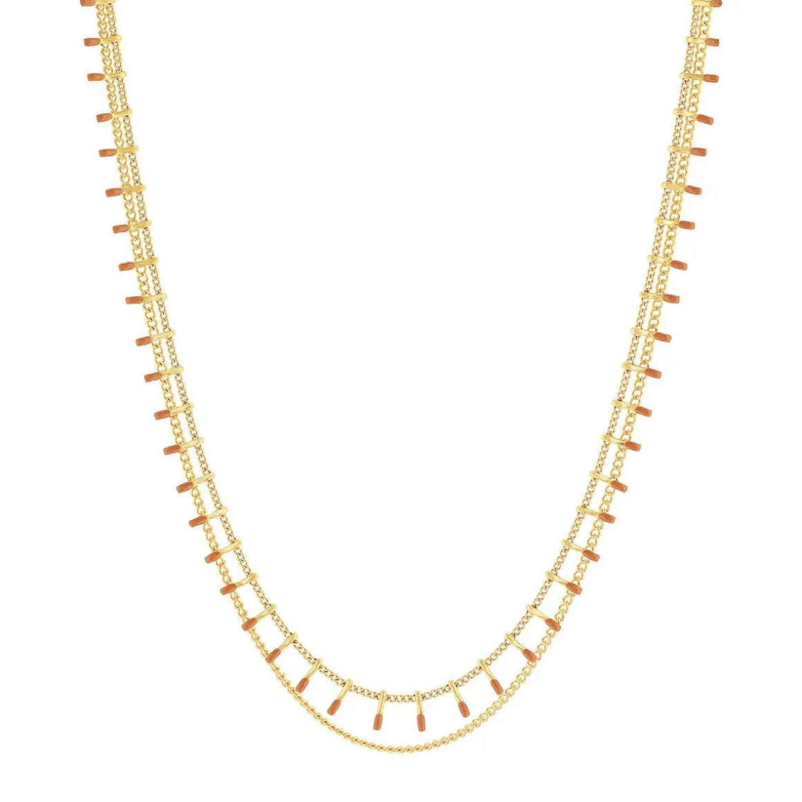 Collier acier doré 2 rangs laque orange 45,5 cm