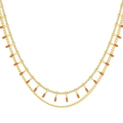 Collier acier doré 2 rangs laque orange 45,5 cm