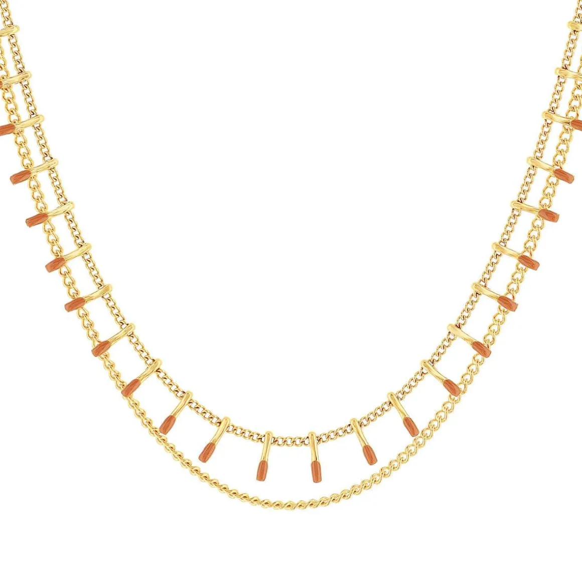 Collier acier doré 2 rangs laque orange 45,5 cm
