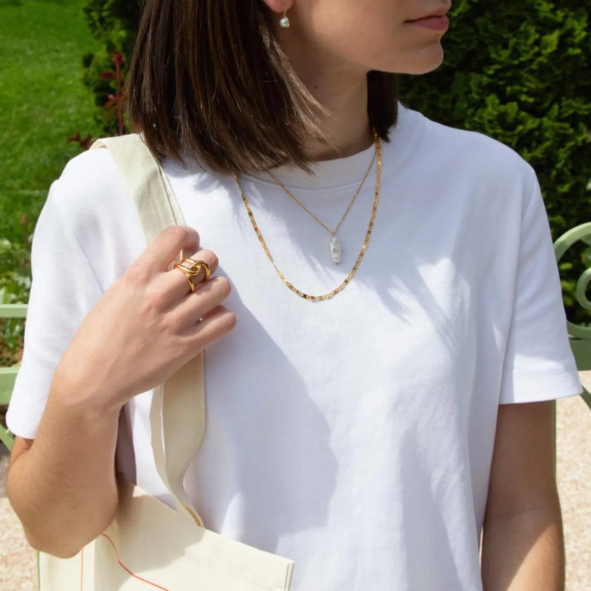 Collier acier doré 2 rangs perle d'eau douce 45 cm