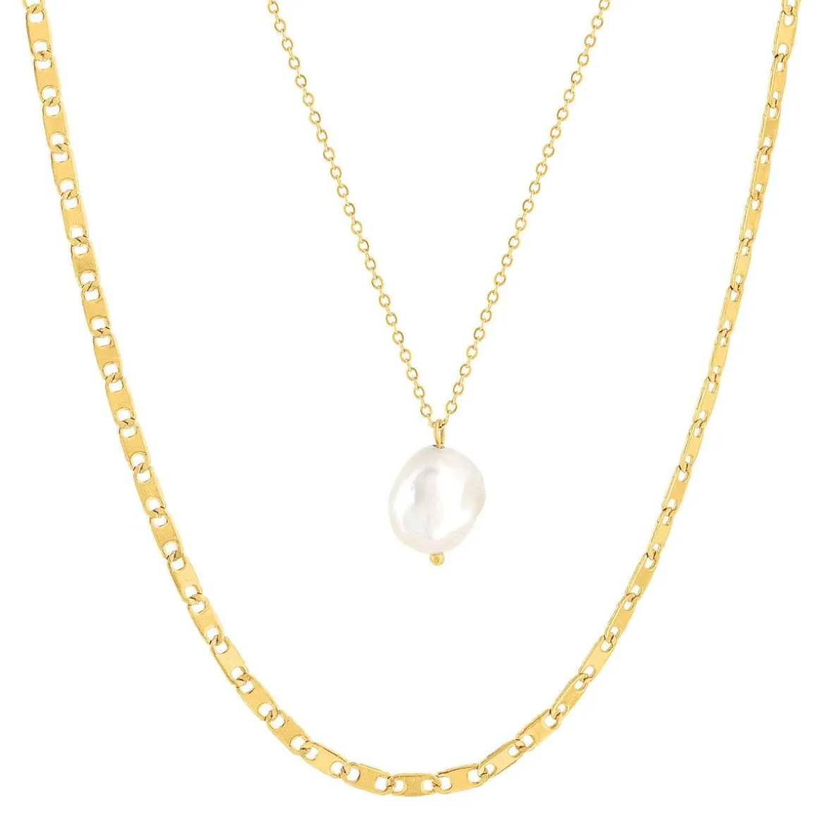 Collier acier doré 2 rangs perle d'eau douce 45 cm
