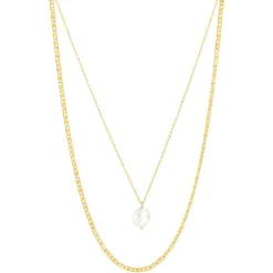 Collier acier doré 2 rangs perle d'eau douce 45 cm