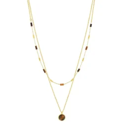 Collier acier doré 2 rangs pierres oeil de tigre 48 cm