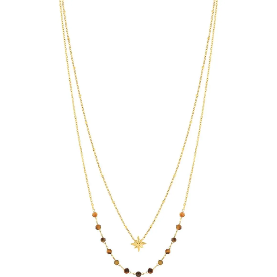 Collier acier doré 2 rangs étoile et pierres oeil de tigre 45 cm