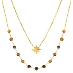 Collier acier doré 2 rangs étoile et pierres oeil de tigre 45 cm