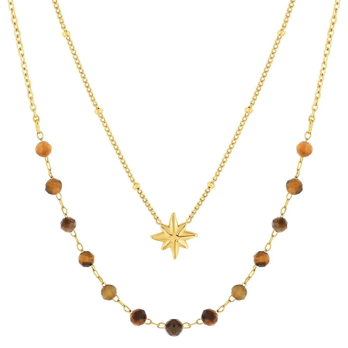 Collier acier doré 2 rangs étoile et pierres oeil de tigre 45 cm
