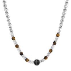 Collier acier motif croix oeil de tigre 50cm