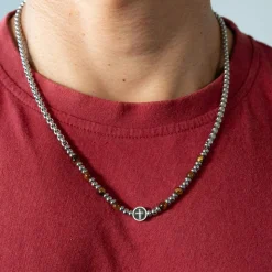Collier acier motif croix oeil de tigre 50cm