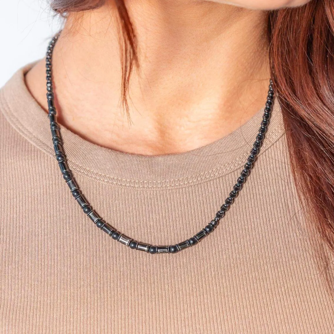 Collier acier vieilli agates noires 51cm