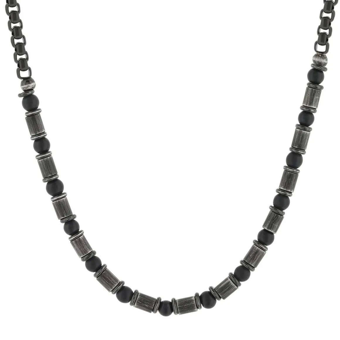 Collier acier vieilli agates noires 51cm