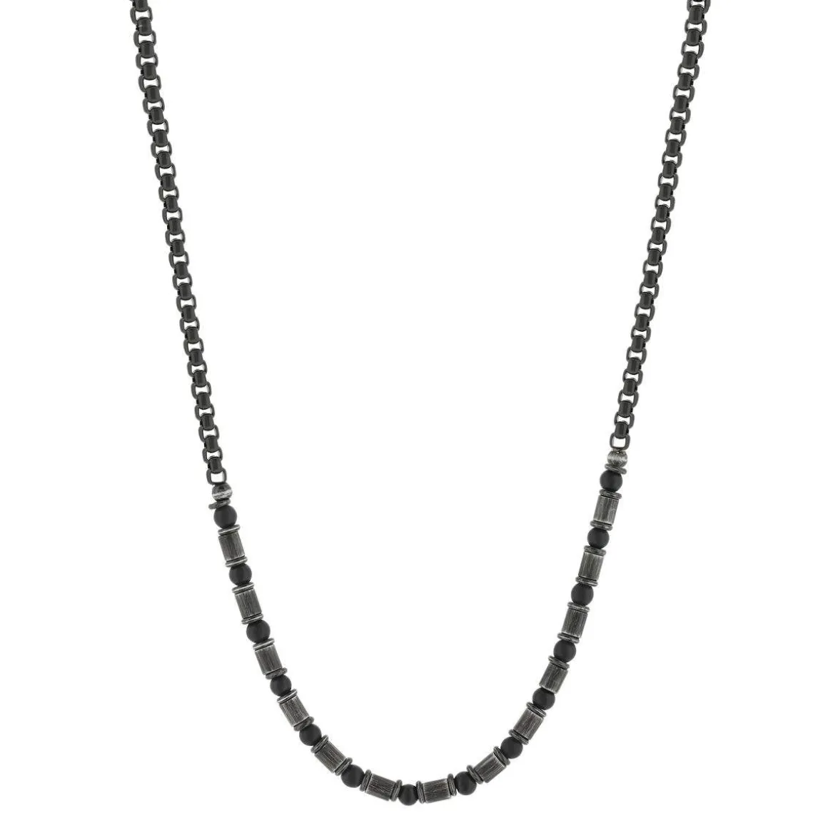 Collier acier vieilli agates noires 51cm