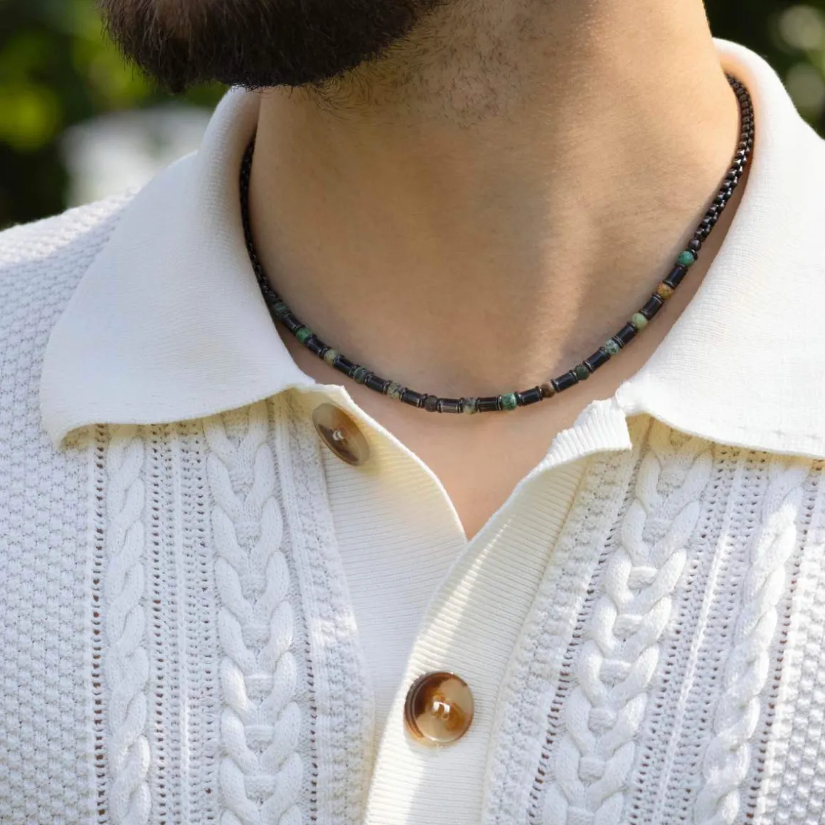 Collier acier vieilli tourquoises vertes 50cm